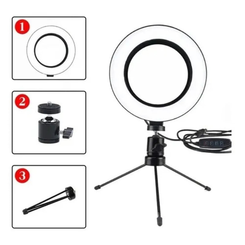 Ring Light Led Mesa Iluminador Pequena 6 Polegada Tripé 16cm Acessórios iluminação vídeo Foto